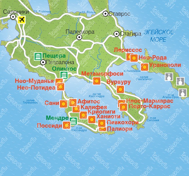 халкидики карта Карта Халкидиков — подробная карта отелей и туристических объектов  халкидики карта